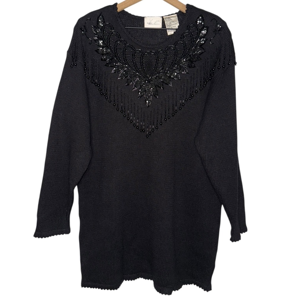 Vintage Beaded Sequin Goth Kathie Lee V Neck Long Sleeve Scalloped Sweater Tunic